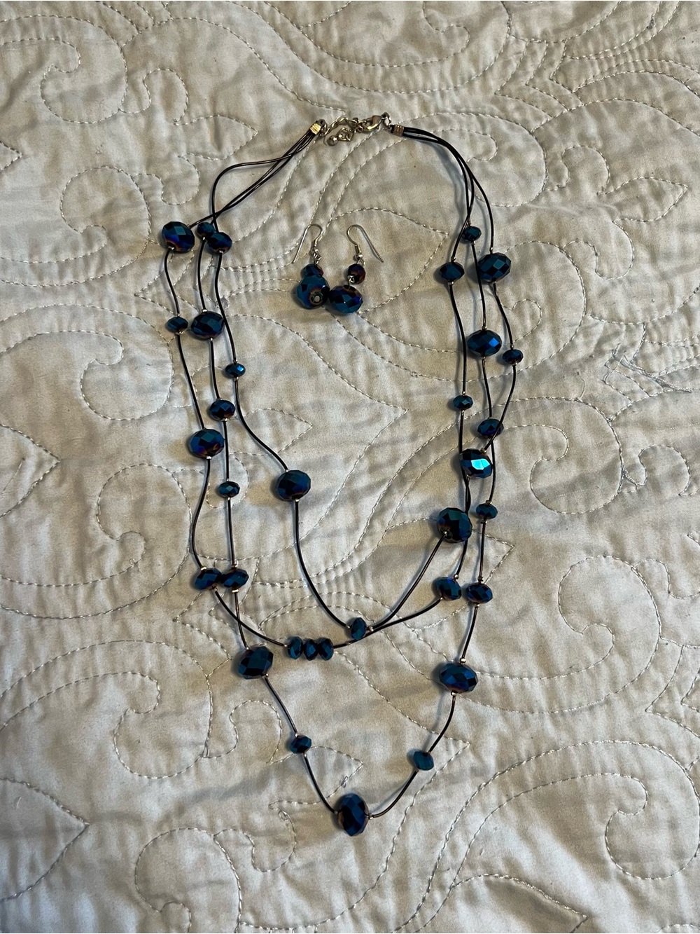 Multi-Strand Blue Crystal Necklace and Earrings Set